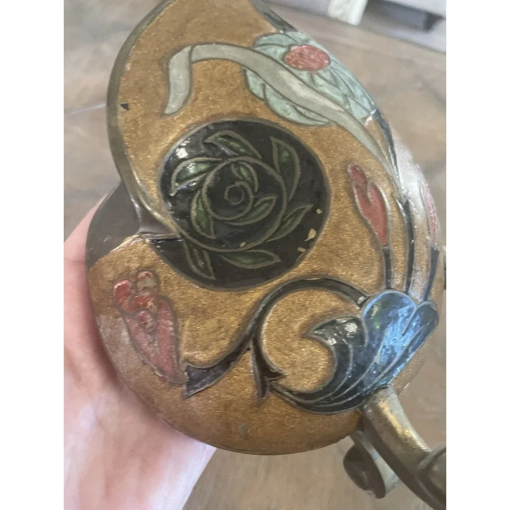 Vtg Antique Brass & Enamel Floral Cloisonné Nautilus Shell‎ Vase Urn 6